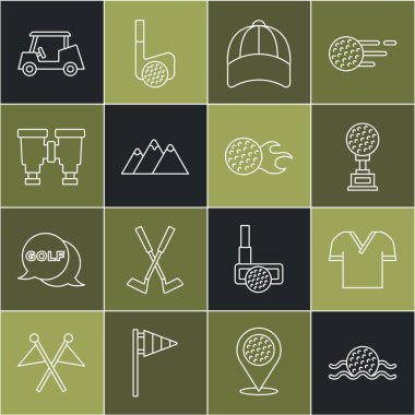 Golf topu su gömleği ödül kupasında golf şapkası, dürbün araba ve ikon ile belirlendi. Vektör.