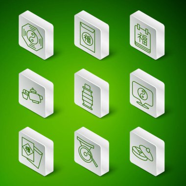 Çin çay seremonisi Gong müzik aleti Yin Yang sembolü kağıt fener ve ikon. Vektör.