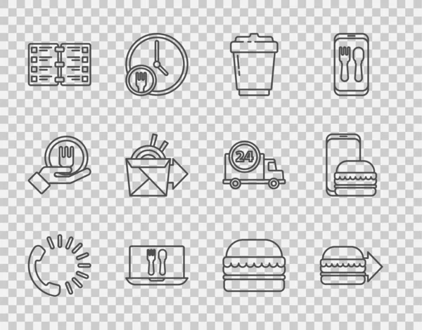 设定在线食品订购网上汉堡送咖啡杯和餐厅菜单面条汉堡和图标 — 图库矢量图片