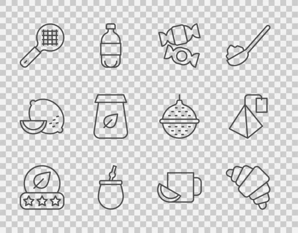 设置线茶叶羊角红葡萄酒蜜茶滤清器与处理包装杯柠檬和袋状图标 — 图库矢量图片