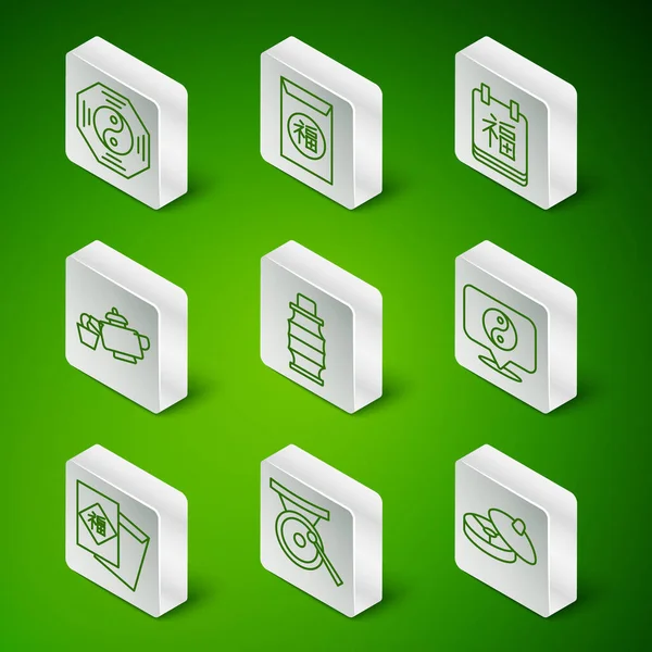 Çin çay seremonisi Gong müzik aleti Yin Yang sembolü kağıt fener ve ikon. Vektör.