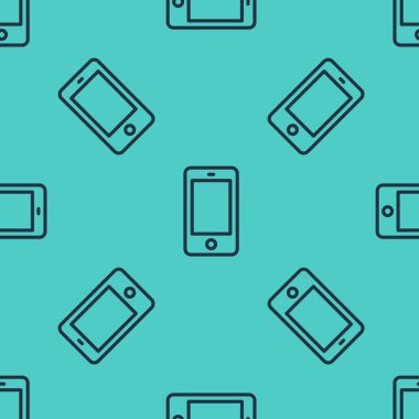 Siyah çizgi akıllı telefon, cep telefonu simgesi yeşil arka planda izole edilmiş pürüzsüz desen. Vektör.