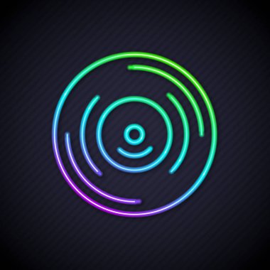 Parlayan neon çizgisi Vinil disk simgesi siyah arkaplanda izole edildi. Vektör.