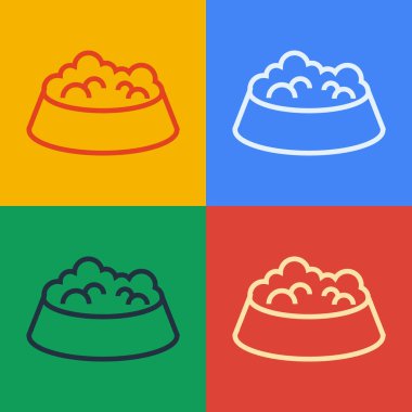 Kedi ya da köpek ikonu için kedi ya da köpek maması kasesi renkli arka planda izole edilmiş. Köpek ya da kedi pençesi izi. Vektör.