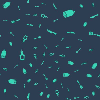 Barbekü bıçağı, salam sosisi, sos şişesi ve spatulayı pürüzsüz desene göre ayarla. Vektör.