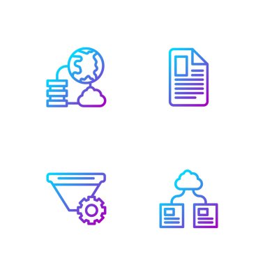 Satır Cloud teknoloji veri transferi, Filtre ayarı, Ağ bulut bağlantısı ve Dosya belgesini ayarla. Renk simgeleri. Vektör.