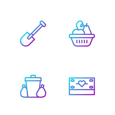 Bağış, hayır işi, çöp kutusu, kürek ve yiyecek kutusu ayarla. Renk simgeleri. Vektör.