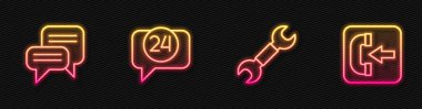 Wrench anahtarı konuşma baloncuğu sohbet telefonunu 24 saat destekle ve gelen aramayı ayarla. Parlayan neon ikonu. Vektör.