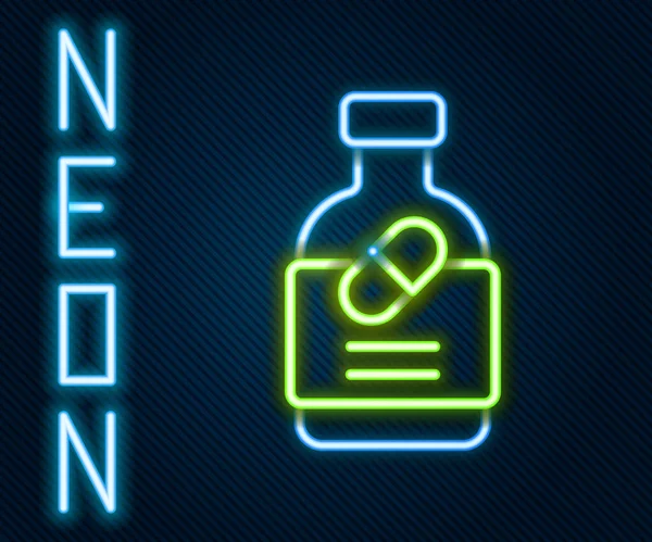 Λαμπερό Νέον Γραμμή Μπουκάλι Φάρμακο Και Χάπια Εικονίδιο Απομονώνονται Μαύρο — Διανυσματικό Αρχείο