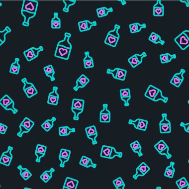 Aşk ikonu ikonu içeren çizgi şişesi siyah arka planda izole edilmiş pürüzsüz desen. Sevgililer günün kutlu olsun. Vektör.