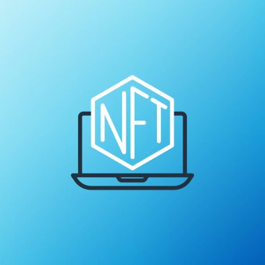 Resim mağazası uygulama simgesine sahip dizüstü bilgisayar mavi arkaplanda izole edildi. Şifreli para için NFT jetonu satma teknolojisi. Finansal olmayan sembol konsepti. Renkli taslak konsepti. Vektör.