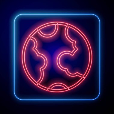 Siyah zemin üzerinde parlayan neon dünya ikonu izole edildi. Dünya ya da Dünya işareti. Küresel internet sembolü. Geometrik şekiller. Vektör.