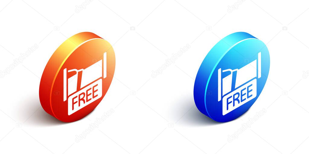 Isometric Free overnight stay house icon isolated on white background. Orange and blue circle button. Vector.