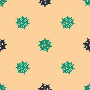 Yeşil ve siyah bakteri ikonu, bej arka planda kusursuz desen izole etti. Bakteriler ve mikroorganizmalar, sebep olan mikroorganizma hastalıkları, hücre kanseri, mikrop, virüs, mantar. Vektör.