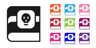 Beyaz arka planda izole edilmiş kafatası simgesi olan zehirler hakkında Kara Kitap. Tehlike işareti, ölümün sembolü. Simgeleri renklendirin. Vektör.