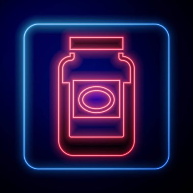 Parlayan neon reçel kavanozu simgesi siyah arkaplanda izole edildi. Vektör.