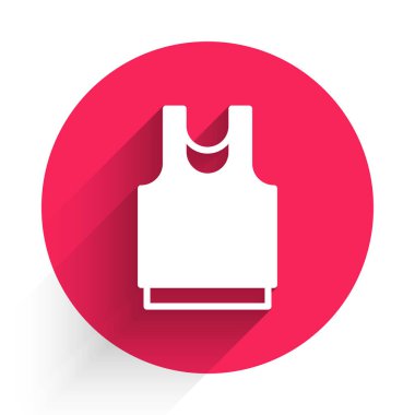 Beyaz atlet simgesi uzun gölge arkaplan izole. Kırmızı daire düğmesi. Vektör.