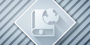 Kağıt Dünya 'yı kesti ve gri arka planda kitap ikonu izole edildi. Dünya ya da Dünya işareti. Küresel internet sembolü. Geometrik şekiller. Kağıt sanatı tarzı. Vektör.