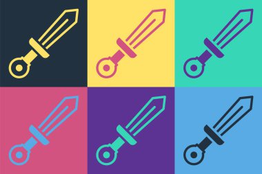 Pop Art Ortaçağ kılıç ikonu renk arkaplanında izole edilmiş. Ortaçağ silahı. Vektör.