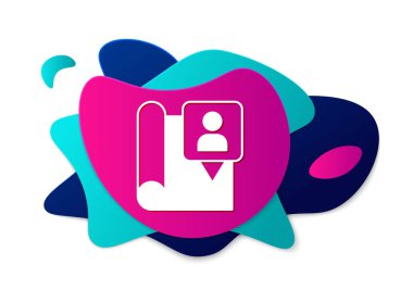 Beyaz arkaplanda konum imleci simgesi izole edilmiş renkli harita. Sıvı şekilli soyut pankart. Vektör.