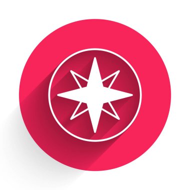 Beyaz Rüzgar gül ikonu uzun gölge arkaplan izole. Seyahat için pusula simgesi. Navigasyon tasarımı. Kırmızı daire düğmesi. Vektör.