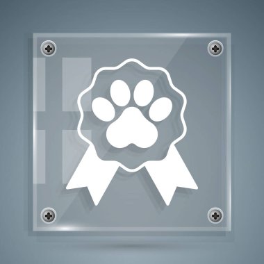 Beyaz Hayvan ödül simgesi gri arkaplanda izole edilmiş. Köpek ya da kedi pençesi izi ve kurdeleli rozet. Hayvan için madalya. Kare cam paneller. Vektör.