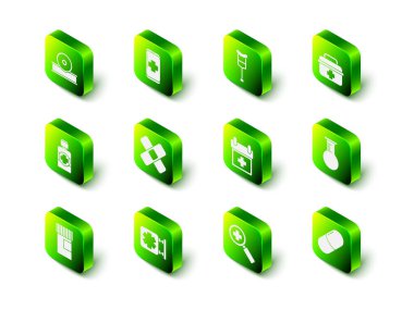 Acil durum cep telefonunu hastaneye gönderin. İlk yardım çantası test tüpü ve ilaç tableti. Doktor, ikonun tıbbi ve tıbbi sembolü için büyüteç atadı. Vektör.