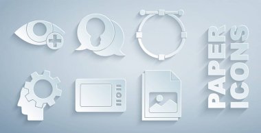 Grafik tablet çemberini Bezier eğrisi insan başlığı teçhizatı ile Resim manzarası ampul kavramı ve Kırmızı Göz efekti ikonu içinde ayarla. Vektör.