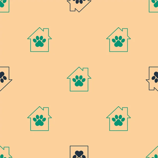 Πράσινο Και Μαύρο Pet Σπίτι Εικονίδιο Απομονωμένη Αδιάλειπτη Μοτίβο Μπεζ — Διανυσματικό Αρχείο