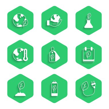 Takvim takviminde Eko doğa bataryasıyla Etiket Ayarla Sonbahar yaprakları Dünya 'yı eritiyor küresel ısınma tesisi üretimi, küresel ısınma bitki üretimi ve ikonu. Vektör.