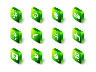 Sinema biletini ayarla Gem Stone Stacks kağıt para saç fırçası klasik çaydanlığı ve televizyon masası simgesi. Vektör.