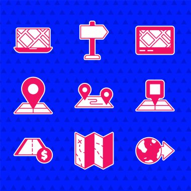 Yol Konumu Katlanmış Harita Konumunu işaretleyici Toll yol trafik GPS cihazı ve Şehir navigasyon simgesi ile belirleyin. Vektör.