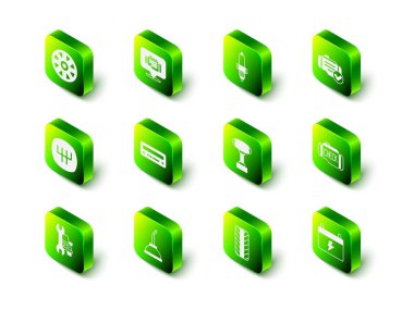 Motor yağı ikonu için konrol otomobili şarjörünü, vites değiştirici tekerleğini ve teneke kutuyu ayarlayın. Vektör.