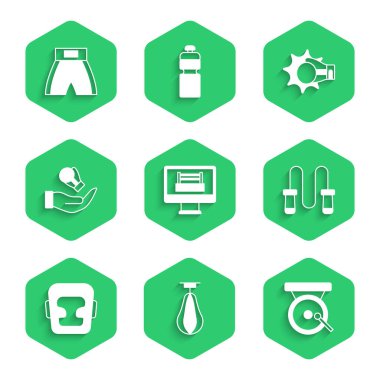 Boks ringini, kum torbasını, gongu, kask kask boksunu ve kısa ikonu ayarla. Vektör.