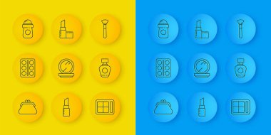 Debriyaj çantası, gölge makyaj tozu, parfüm önleyici deodorant ve ruj ikonu. Vektör.