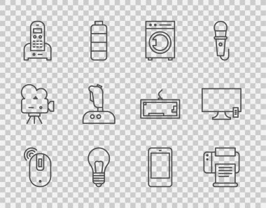 Kablosuz bilgisayar faresi yazıcı ampulünü atari makinesi akıllı telefon ve televizyon ikonu için telefon Joystick kavramına göre ayarla. Vektör.