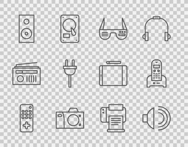 Satır Uzaktan Kumanda Hoparlörü Sesi Akıllı Gözlükler Fotoğraf Kamerası Ses Sistemi Yazıcı ve Telefon simgesini ayarla. Vektör.