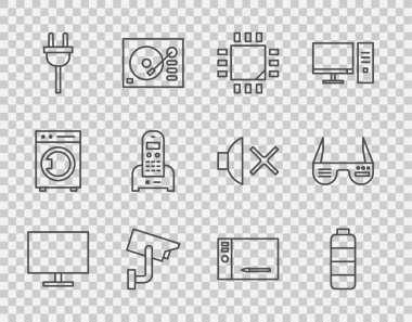 Hat monitör ekranı pili seviye göstergesi işlemcisini mikro devreli CPU güvenlik kamerası, elektrik fişi, telefon grafiksel tablet ve akıllı gözlük simgesi ile ayarla. Vektör.