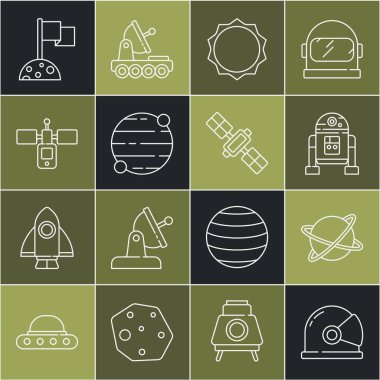 Robot Güneş Gezegeni Ay 'ın yörüngesinde bayraklı ve ikonlu astronot miğferlerini yerleştirin. Vektör.