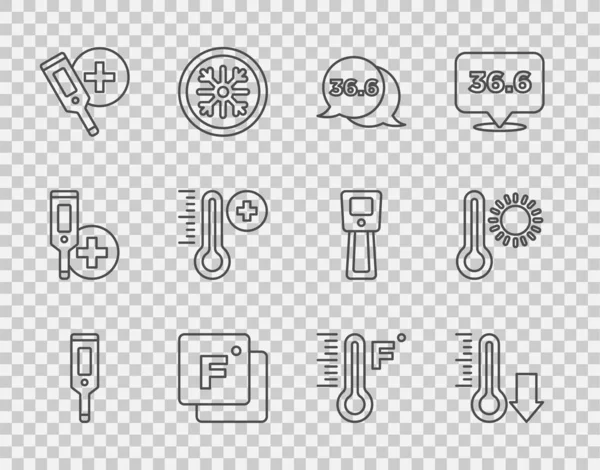 Set Line Termómetro Digital Meteorología Médico Fahrenheit Icono Vector — Archivo Imágenes Vectoriales