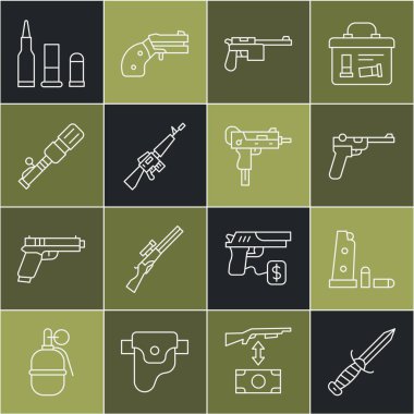 Askeri bıçak tabancası şarjörü ve mermileri hazırlayın. M16A1 tüfek, tanksavar el bombası mermisi mermisi ve UZI alt makine ikonu. Vektör.