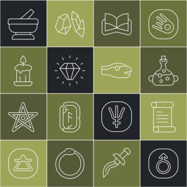 Mars Kararnamesi parşömen parşömenini şişeye koy. Kadim sihirli kitap Diamond Burning Mum Havan topu ve Yılan ikonu. Vektör.