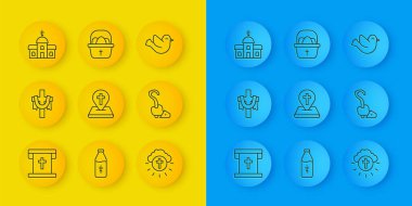 Hristiyan haçı Hristiyan kilisesi ile çizgiyi çizin Dini Çember Sihirli Sandık Kilisesi ve Paskalya Yumurtası ikonu inşa edin. Vektör.