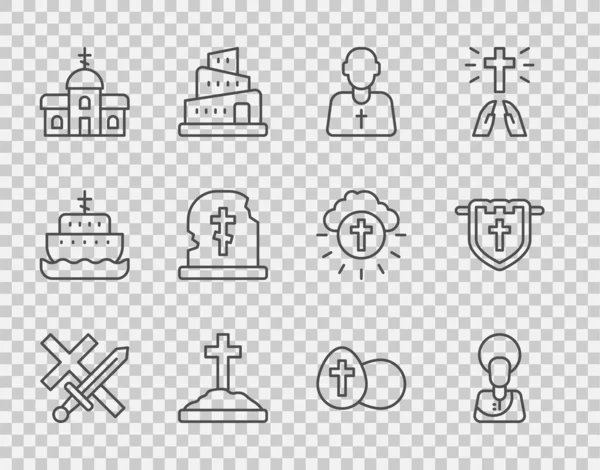 Establecer Línea Cruzada Jesucristo Sacerdote Tumba Con Iglesia Cruz Construcción — Archivo Imágenes Vectoriales