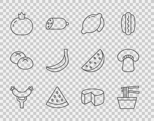 在碗柠檬西瓜番茄香蕉芝士和蘑菇图标中的叉子亚洲面上设置线香肠 — 图库矢量图片