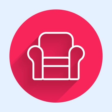 Uzun gölgeli beyaz çizgi Kol Koltuğu simgesi. Kırmızı daire düğmesi. Vektör.