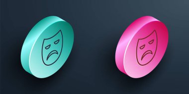 Isome çizgisi dramatik maske simgesi siyah arkaplanda izole edildi. Turkuaz ve pembe daire düğmesi. Vektör.