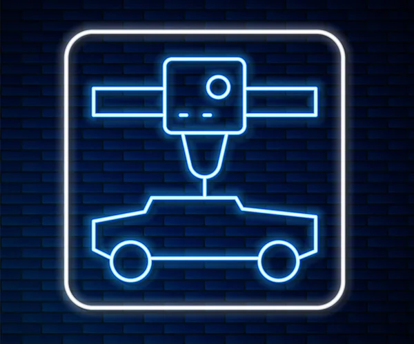 Светящийся Значок Автомобиля Принтера Неоновой Линии Изолирован Фоне Кирпичной Стены — стоковый вектор
