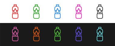 Siyah beyaz arkaplanda izole edilmiş bir şişe su ikonu çizgisi. Soda su içme tabelası. Vektör.