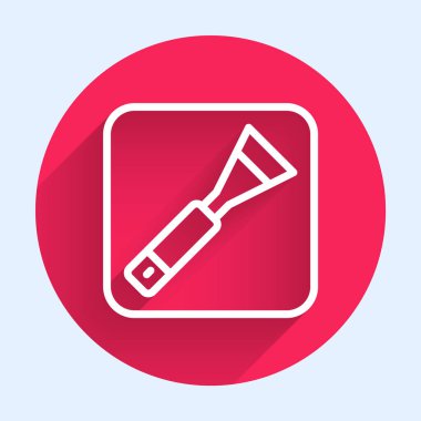 Beyaz çizgi boya fırçası simgesi uzun gölge arkaplan izole. Kazılar sırasında sanatçılar, arkeologlar ve temizlik için. Kırmızı daire düğmesi. Vektör.